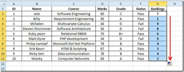 Rangfolge der Werte in Excel 2010 mit der RANK-Funktion