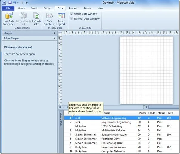 Erstellen Sie Diagramme in MS Visio 2010 durch Verknüpfen einer Excel-Tabelle