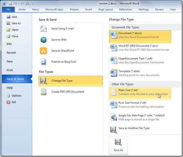 Ändern Sie den Dateityp des Word 2010-Dokuments