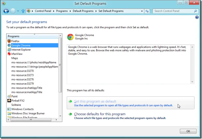 Establecer el navegador predeterminado en Windows 8 para enlaces de aplicaciones de escritorio o de terceros