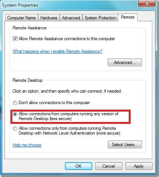 Utilizzo della connessione desktop remoto in Windows 7