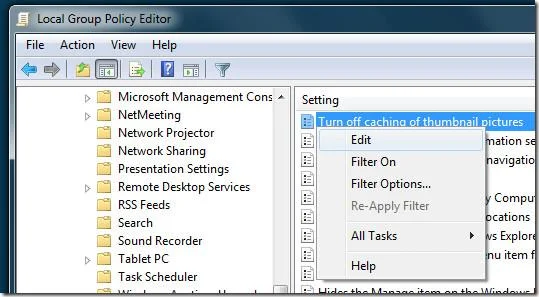 Desactivar el almacenamiento en caché de imágenes en miniatura en Windows 7