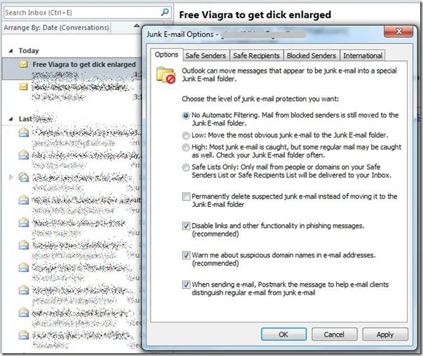 Filtro posta indesiderata/spam di Outlook 2010