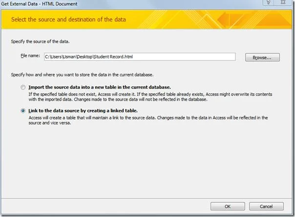 Importar e vincular planilha HTML no Access 2010
