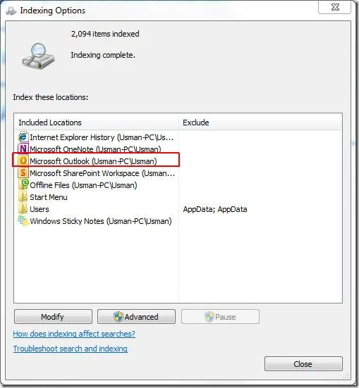 Outlook 2010-Suchindizierung