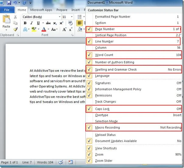 Hinzufügen von Informationen in der Statusleiste von Word 2010