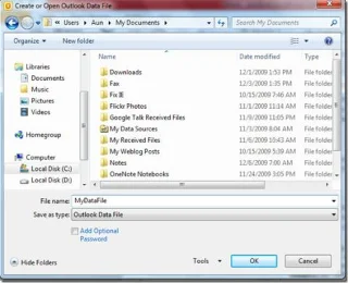 So erstellen Sie eine Datendatei in Outlook 2010