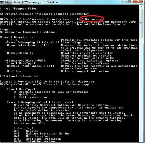 Utilidad de línea de comandos MpCmdRun.exe – Microsoft Security Essentials