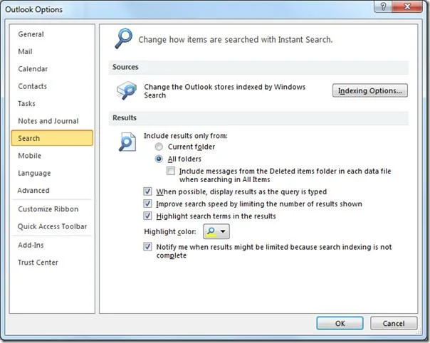 Outlook 2010-Suchindizierung