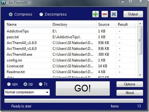 Comprimir archivos/carpetas por lotes en formato UPX, ZIP o 7z