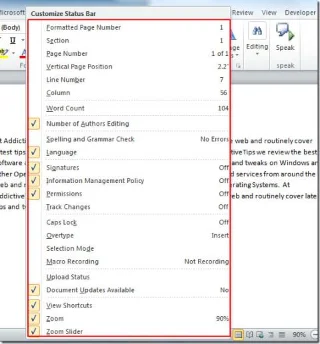 Hinzufügen von Informationen in der Statusleiste von Word 2010