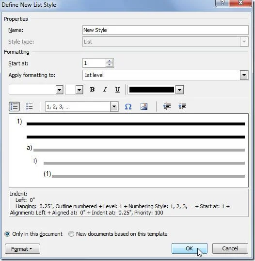 Word 2010: تعريف تنسيق القائمة أحادية المستوى