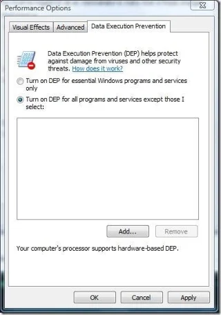 Cos'è DEP e come disattivarlo in Windows 7/Vista