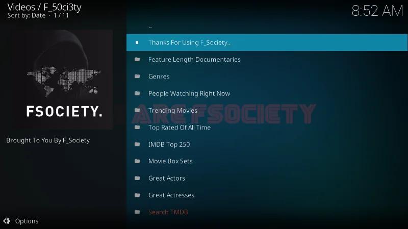Componente aggiuntivo F_50ci3ty (Fsociety) per Kodi: installazione e funzionalità