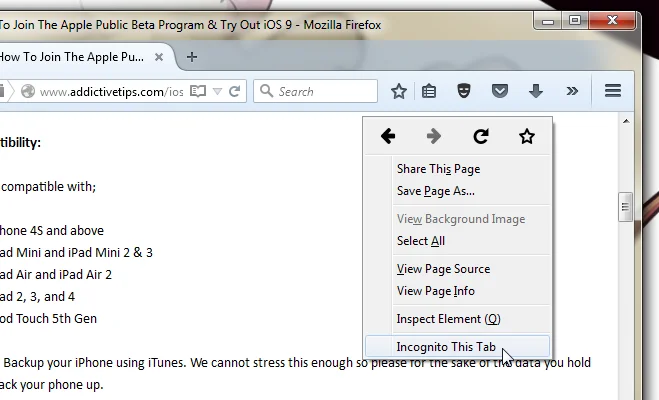 ワンクリックで現在のFirefoxタブをプライベートモードで開く