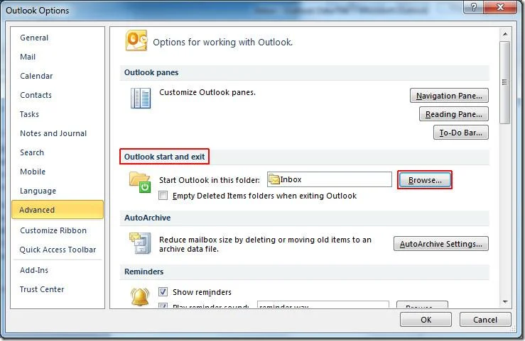 Starten Sie Outlook 2010 mit dem IMAP-Posteingangsordner