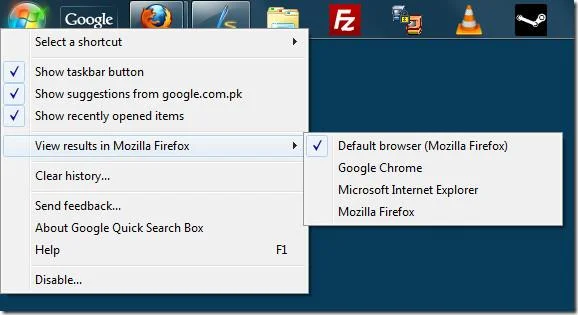 Cuadro de búsqueda rápida de Google en la barra de tareas de Windows 7