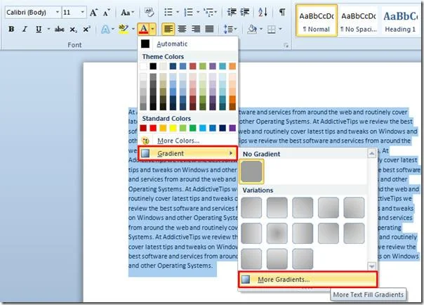 Word 2010: Schriftfarbe mit Farbverlaufsfüllung ändern