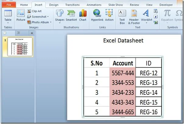 Встроить электронную таблицу Excel в PowerPoint 2010