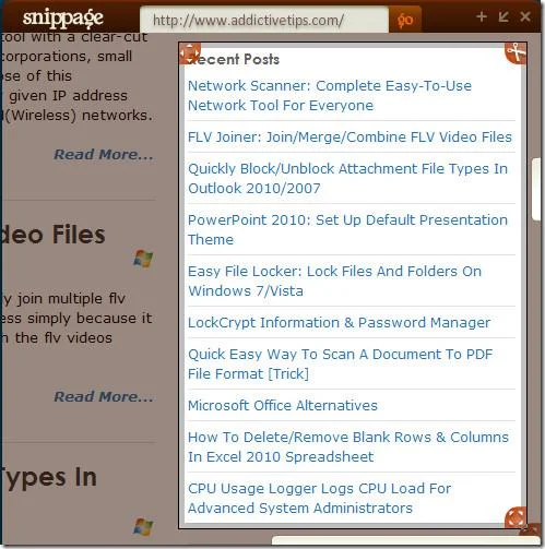 Snippage [ウィジェット] でライブ Web ページのコンテンツをデスクトップに表示する