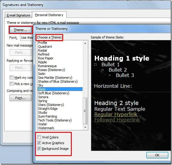 Alterar as configurações de fonte e tema de e-mail padrão no Outlook 2010