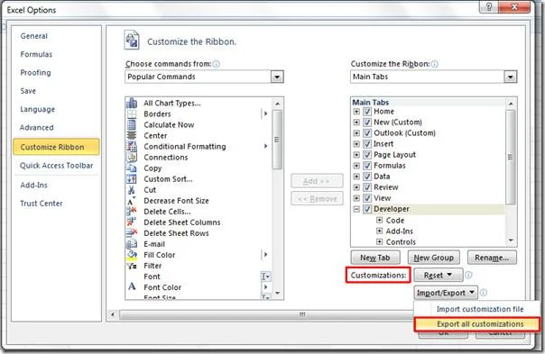Impostazioni della barra multifunzione e della barra di accesso rapido per l'esportazione/importazione [Office 2010]