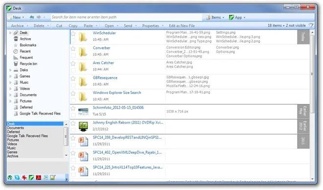 Escritorio y archivo: Administrador de archivos de Windows con clasificación inteligente y filtros avanzados