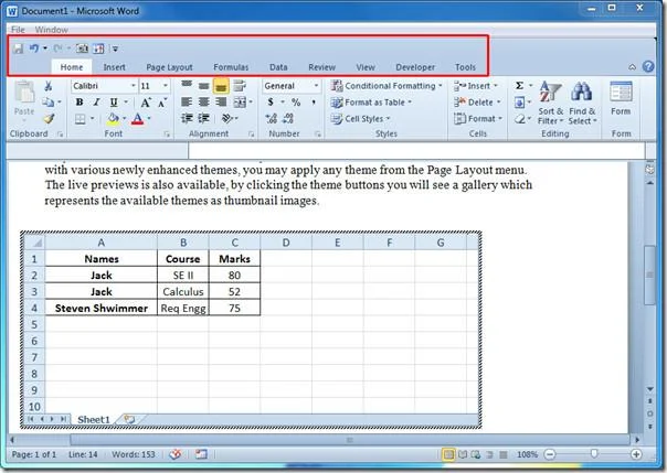 Excel-Tabelle in Word 2010-Dokument hinzufügen und einbetten