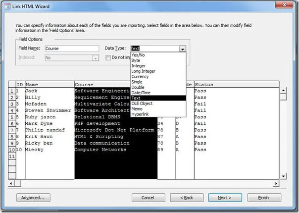 Importar e vincular planilha HTML no Access 2010