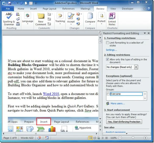 Limita la modifica al documento Word 2010 protetto