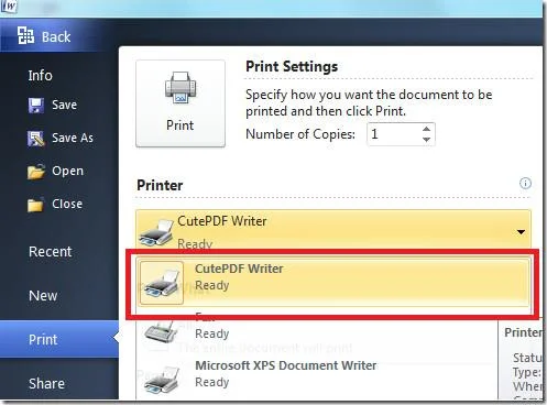 Crea un documento PDF da Microsoft Word 2010 in Windows 7