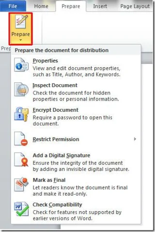 Preparare il documento Word 2010 per la distribuzione [Menu Prepara]