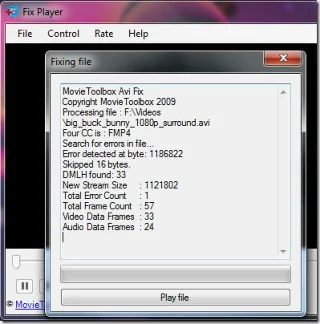 Fix Playerは破損したAVIビデオファイルを修復して再生できます