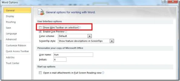 Cómo deshabilitar la mini barra de herramientas en Microsoft Word 2010