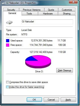 如何在 Windows 7 / Vista / XP 中關閉本機磁碟機的索引