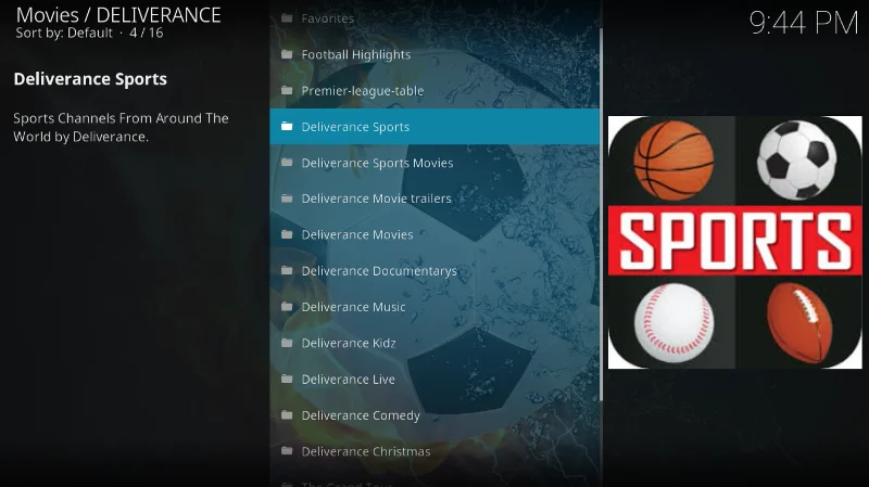 Дополнение Deliverance для Kodi (альтернатива Sports Devil)