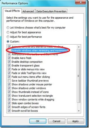 Deshabilitar la animación de maximizar y minimizar en Windows 7