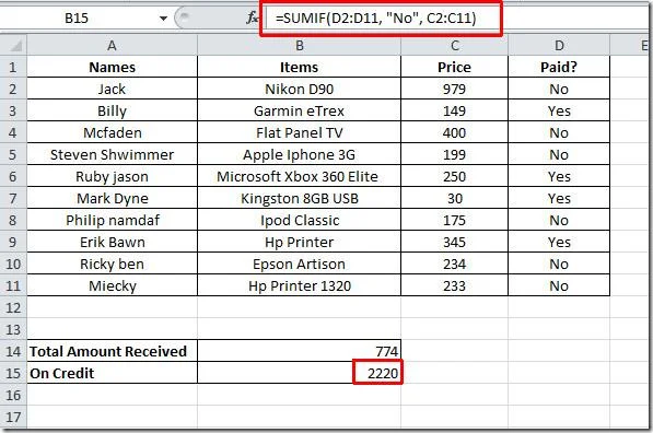 SUMIF-Funktion in Excel 2010